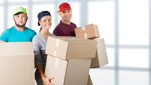 Moving team packing boxes in a Pimlico apartment