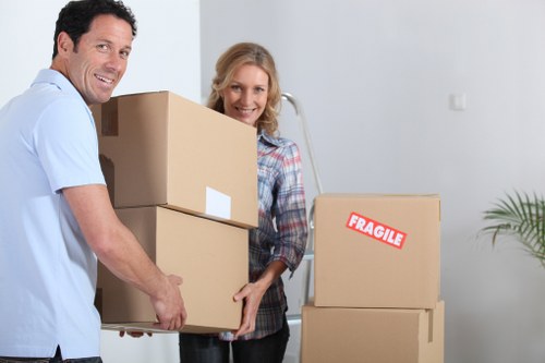 Packed boxes and furniture prepared for Pimlico relocation
