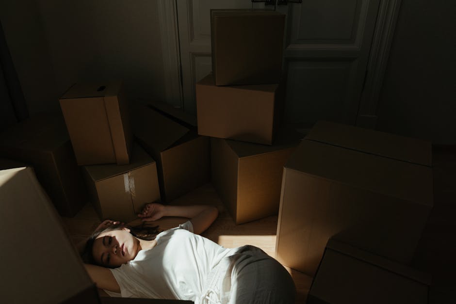 Two movers from Removal Company Pimlico are inside a residential property, preparing to load cardboard boxes of various sizes onto a moving truck. The boxes are stacked on the wooden floor near a wind